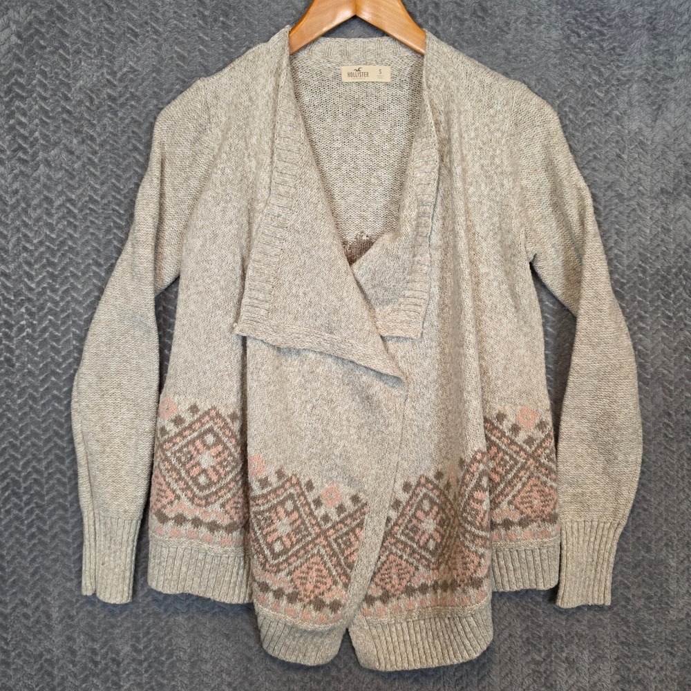 Hollister Oatmeal Pink Aztec Fair Isle Draped Open Front Cardigan Sweater S